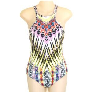 TRIMS Boho Hippie Aztec Multi-Color Halter 1-Piece Swimsuit